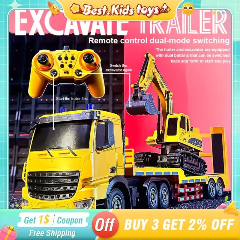 1:12 2.4G RC 11CH Rimorchio Escavatore Camion Set Semi-rimorchio Camion da trasporto con luci Veicolo telecomandato Giocattoli per bambini Ragazzo Gioco