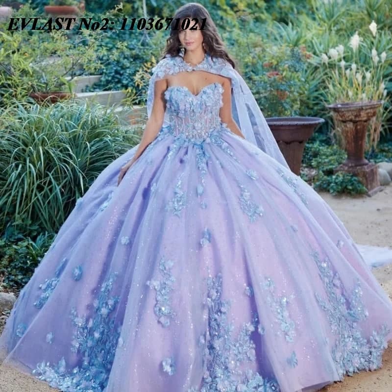 EVLAST Personalizzato Lilla Lucido Abito Quinceanera Abito di Sfera Glitter Floreale Applique Perline Mantello Dolce 16 Abiti Da 15 Anos E2QA88