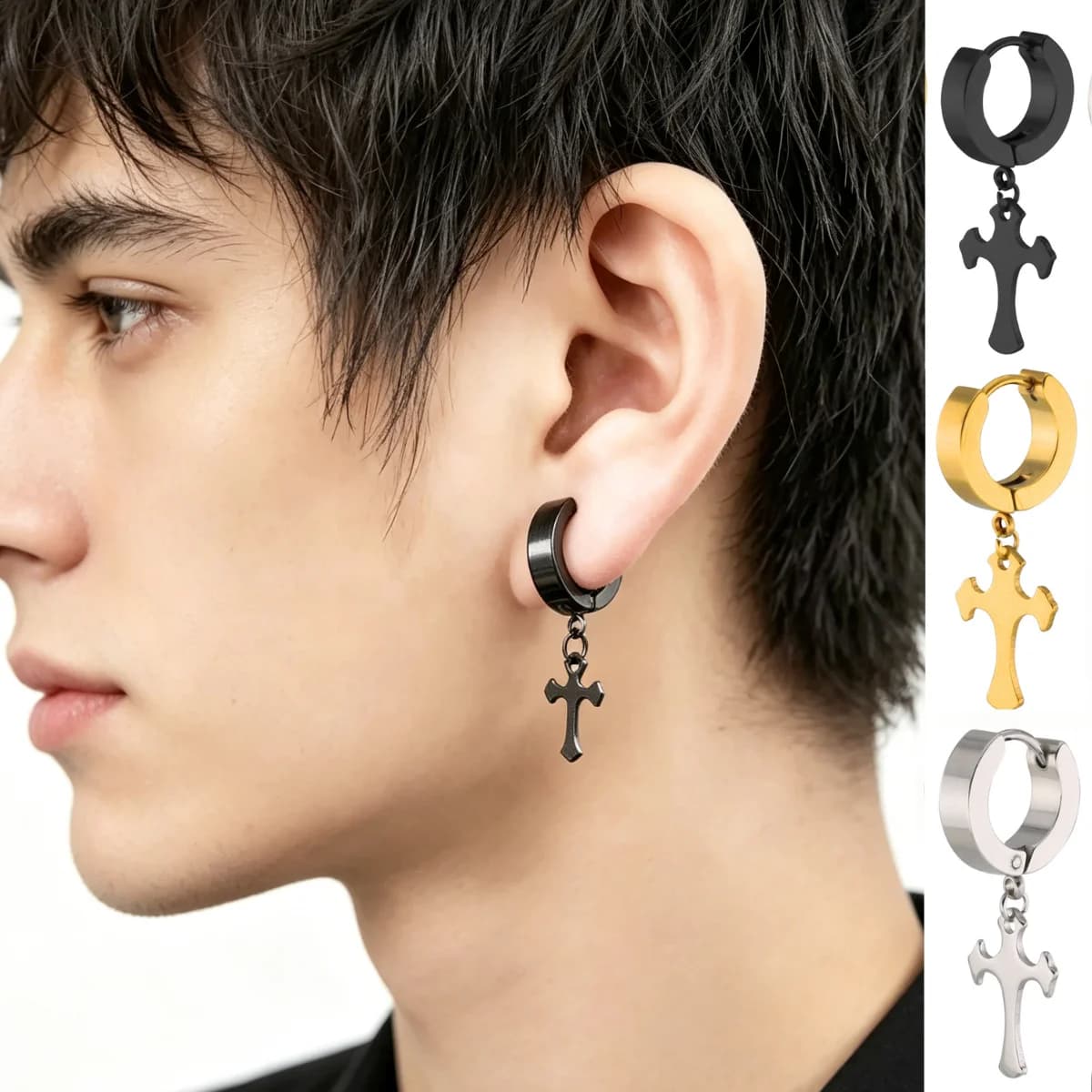 Orecchini pendenti a croce in acciaio inossidabile Rock 1 paio, lunghi con nappe, unisex, a cerchio, gioielli punk gotici per uomo/donna