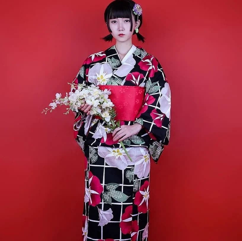 Traditional Japanese Asian Floral Kimono with Women's Cotton Dress Obi Yukata Evening Dress in Women's Vintage Cosplay Costume