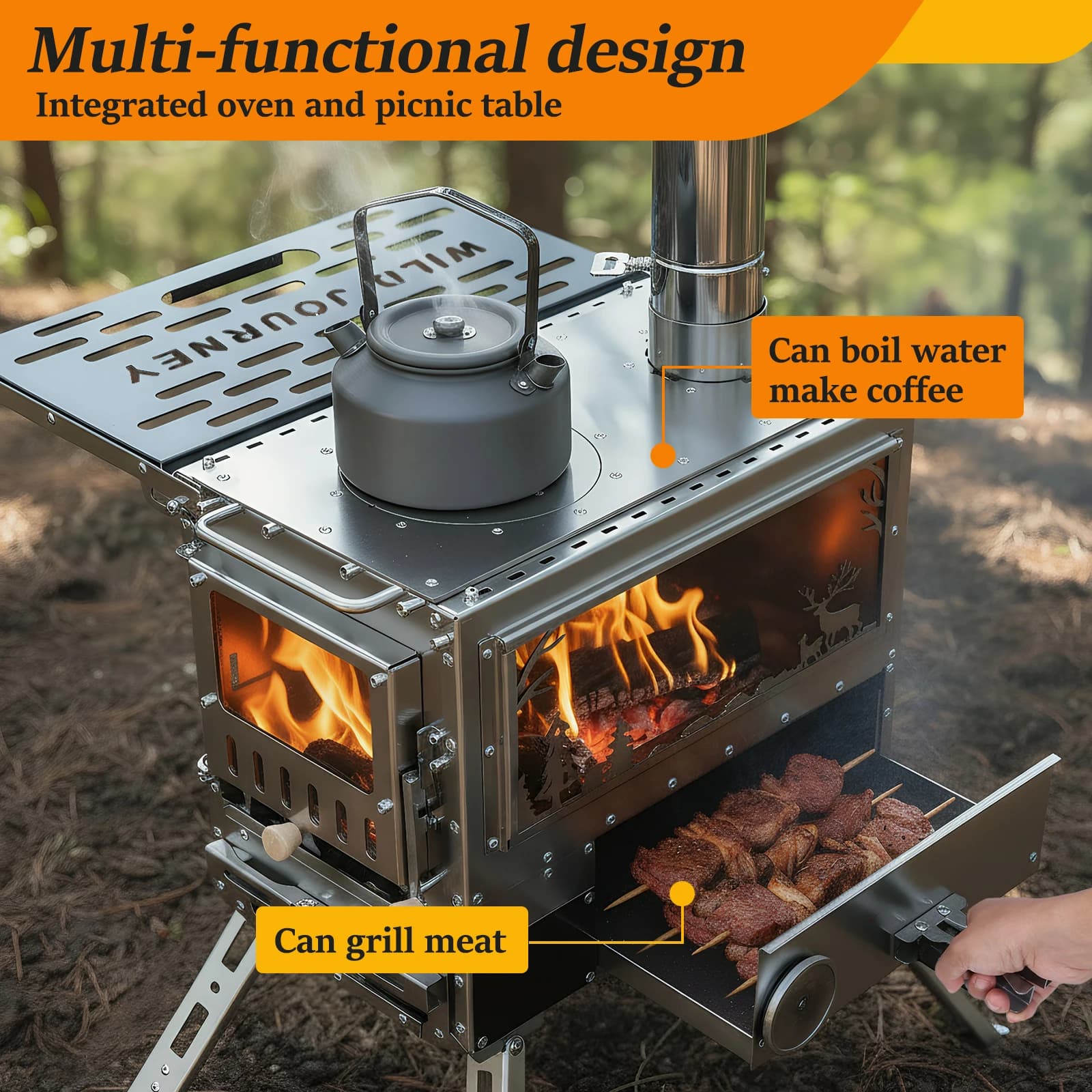 Stufa da Campeggio con Forno e Tavolo da Campeggio con Tubo per Canna Fumaria in Acciaio Inox, Ideale per Campeggio, Caccia e Pesca sul Ghiaccio