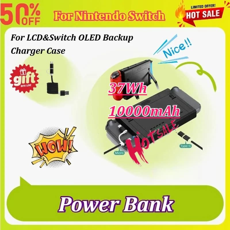 Custodia Batteria da 10000mAh 37Wh con Ricarica Rapida PD per Nintendo Switch OLED/LCD, Power Bank di Backup Type-C con Supporto Integrato