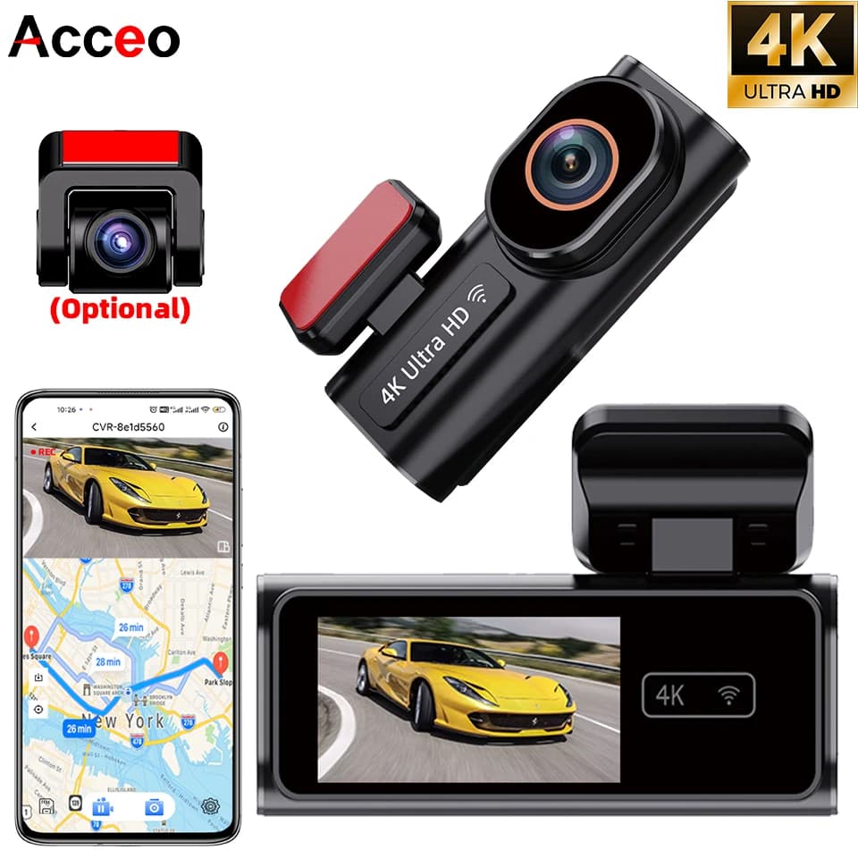 4K UHD Dash Cam Dual Lens Car DVR Video Recorder Support WiFi GPS 1080P Rear View Camera Loop Recording 24H Parking Monitor