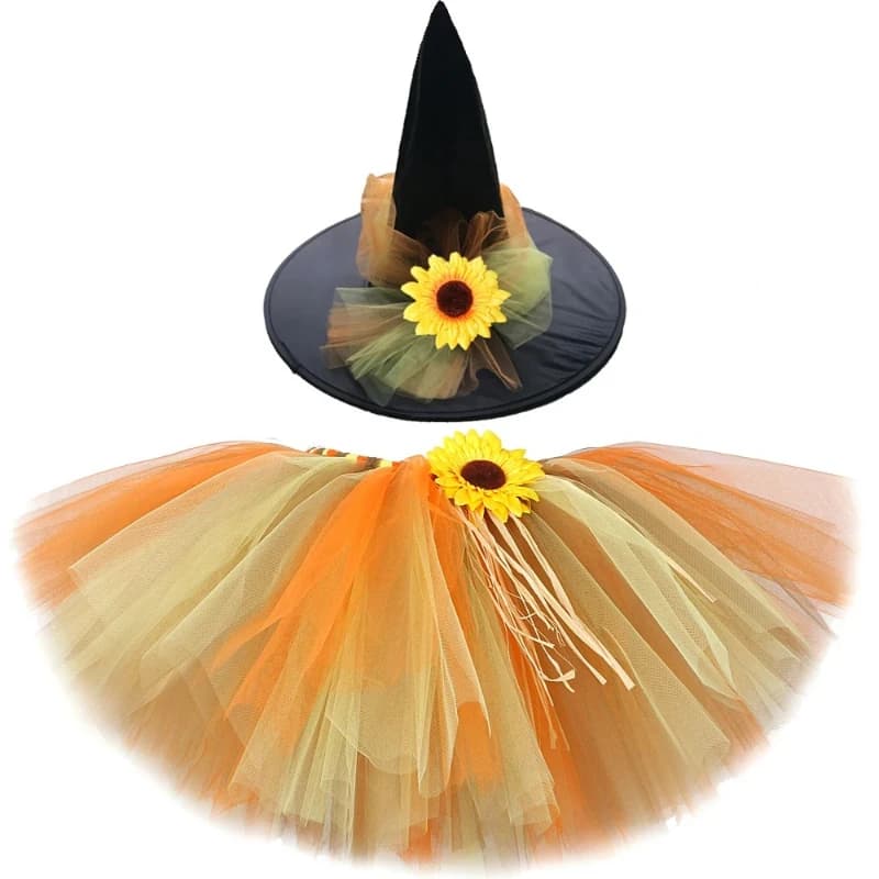 Fall Sunflower Tutu Skirt for Girls Halloween Thanksgiving Outfit Kids Scarecrow with Witch Hat Children Fluffy Tutus Costumes