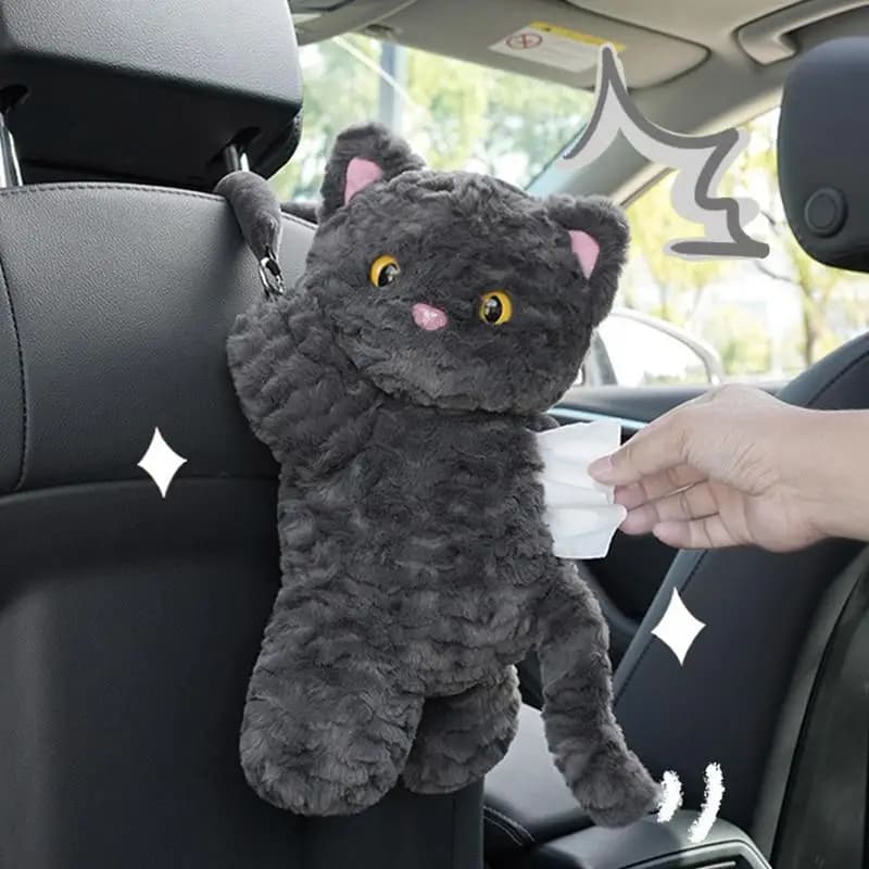 Porta fazzoletti per auto in peluche con gatto nero cartone animato Porta tovaglioli montato automaticamente 2 in 1 Scatola per fazzoletti per auto e organizer per pattumiera