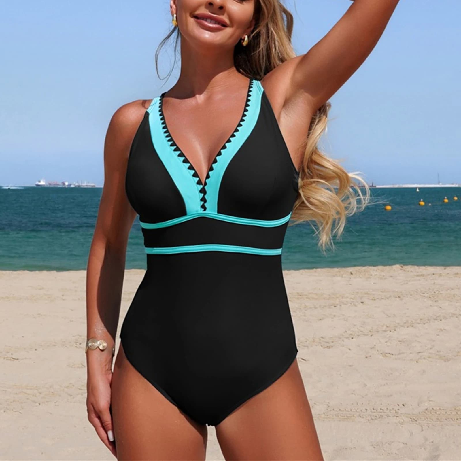 Costume da bagno intero sexy a blocchi di colore con scollo a V, bordo a zig-zag, arricciatura e controllo pancia, taglio alto, per l'estate e la spiaggia
