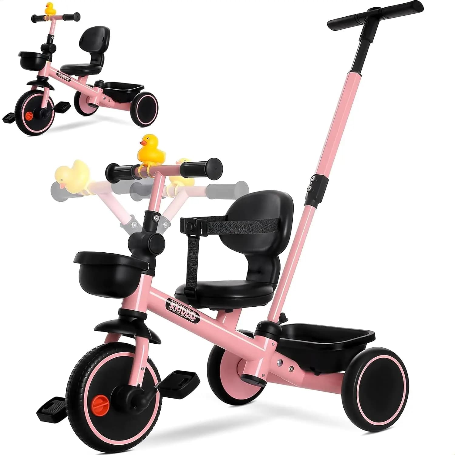2-in-1 Toddler Tricycle with Parent Push Handle, Adjustable Seat, Safety Belt, and Dual Baskets, Pink