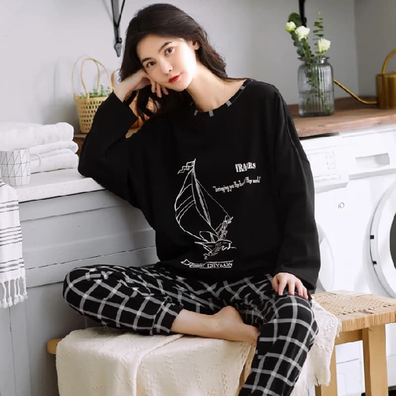 Autunno inverno donna a maniche lunghe di grandi dimensioni moda morbida Casual cartone animato orso palloncino barca a vela stampata Loungewear ragazza pigiameria