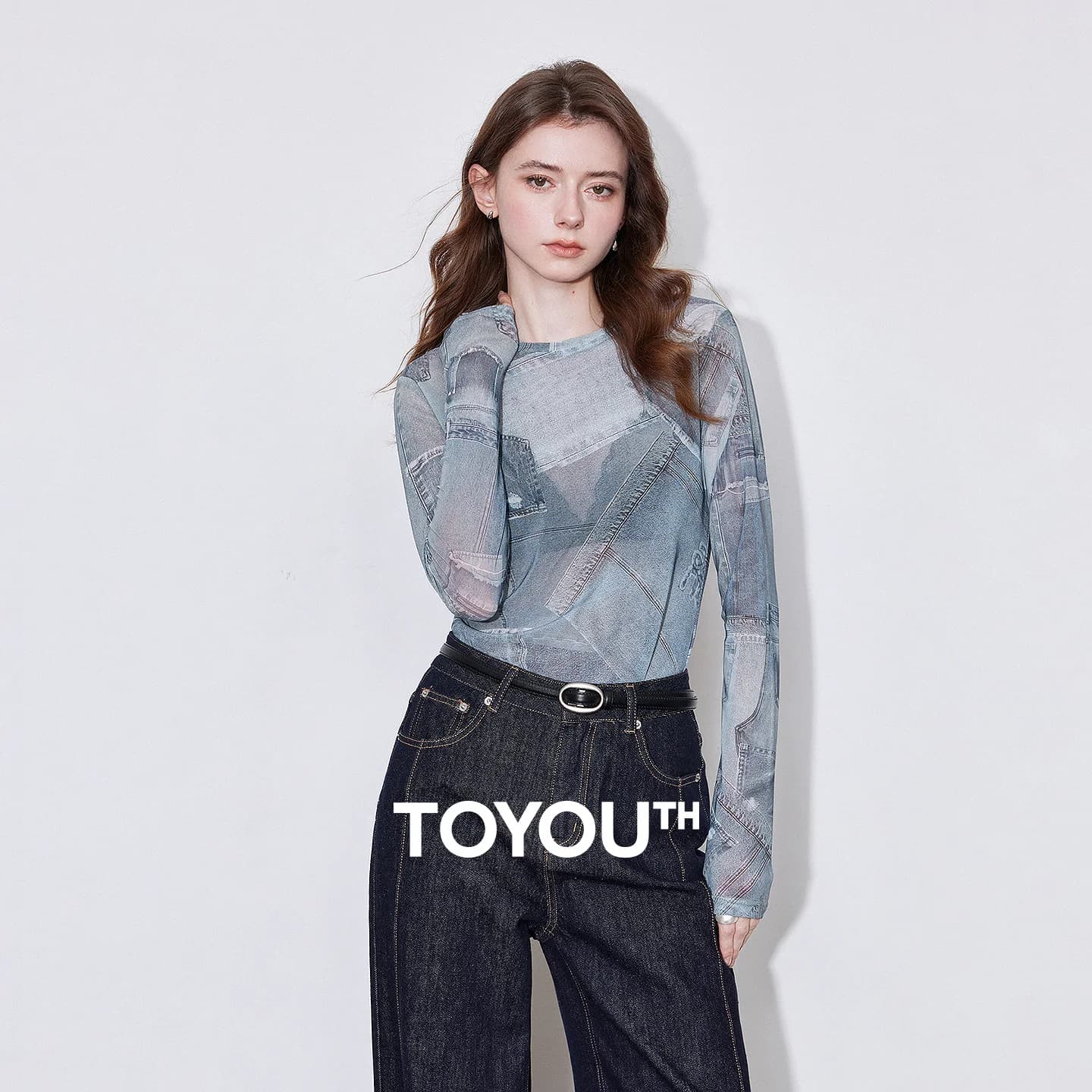 TOYOUTH Women Skin Coats 2026 Summer New Denim Patchwork Tie Dye Print Mesh T Shirt Base Layer Long Sleeve Tops