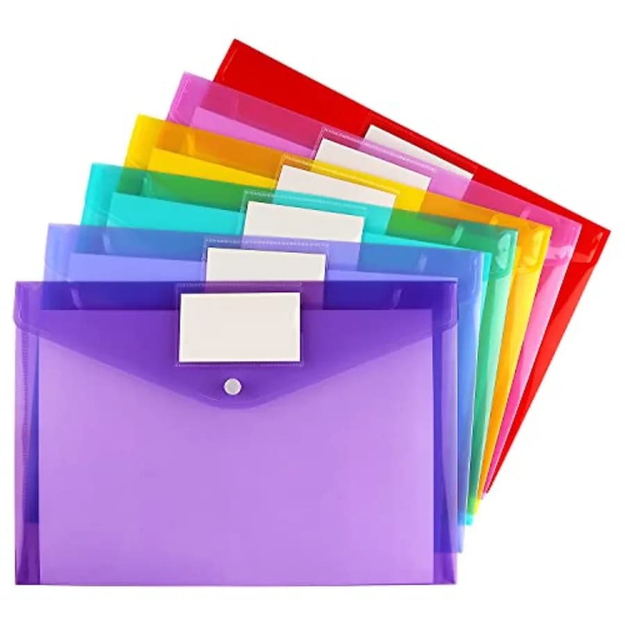 6 Pack Clear Document Folders Plastic Envelopes Poly Envelopes File Envelopes with Label Pocket and Snap Button for Home Work O