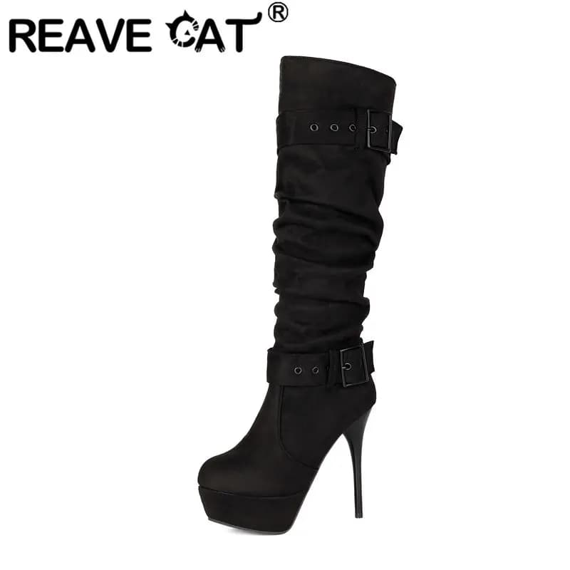 REAVE CAT Black Women Knee High Boots Round Toe Stiletto Heel Platform Slip On Pleated Small Big Size 33 48 49 Sexy Party Botas