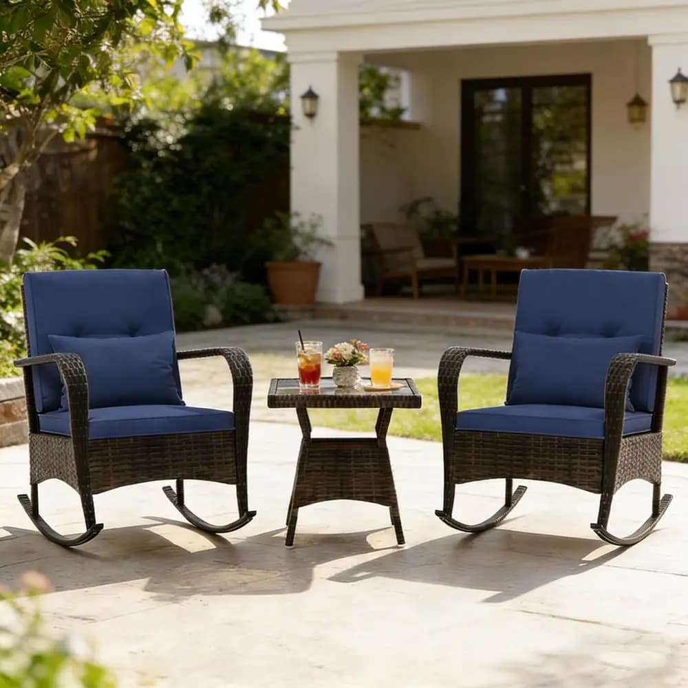 2-Piece Outdoor PE Wicker Rocking Chair Set with Coffee Table and Cushions for Patio, Garden, or Poolside (Navy)