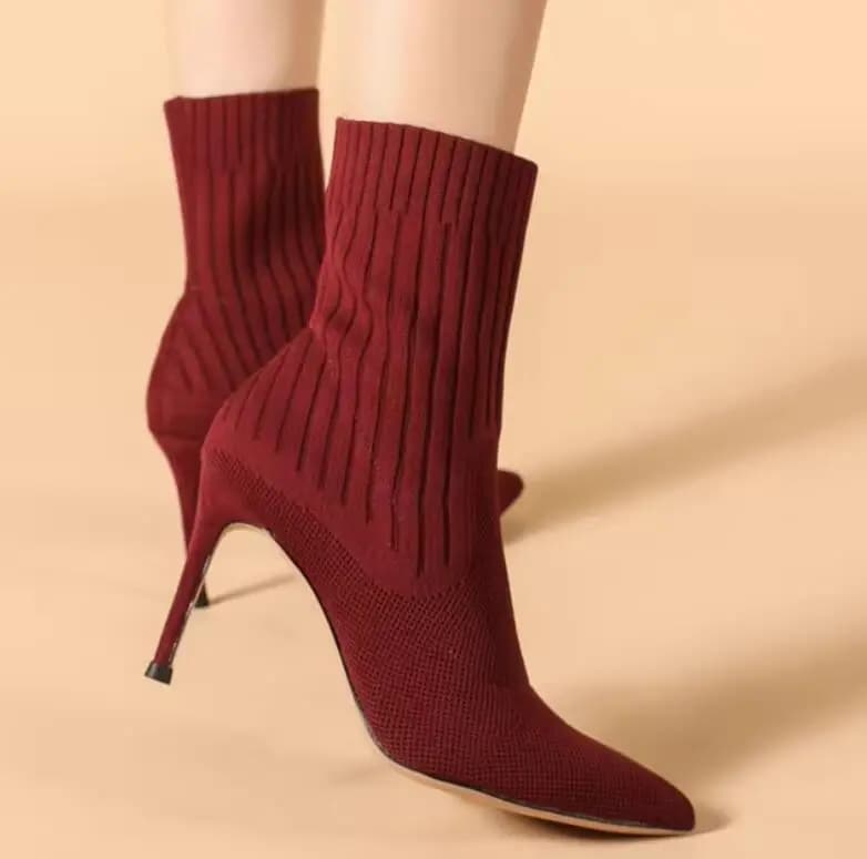 Stivaletti da Donna in Maglia Elasticizzata Grigio Rosso Vino, Tacco Alto 10/8/6 cm, Punta Affusolata, Stivali a Calzino, Scarpe da Cerimonia