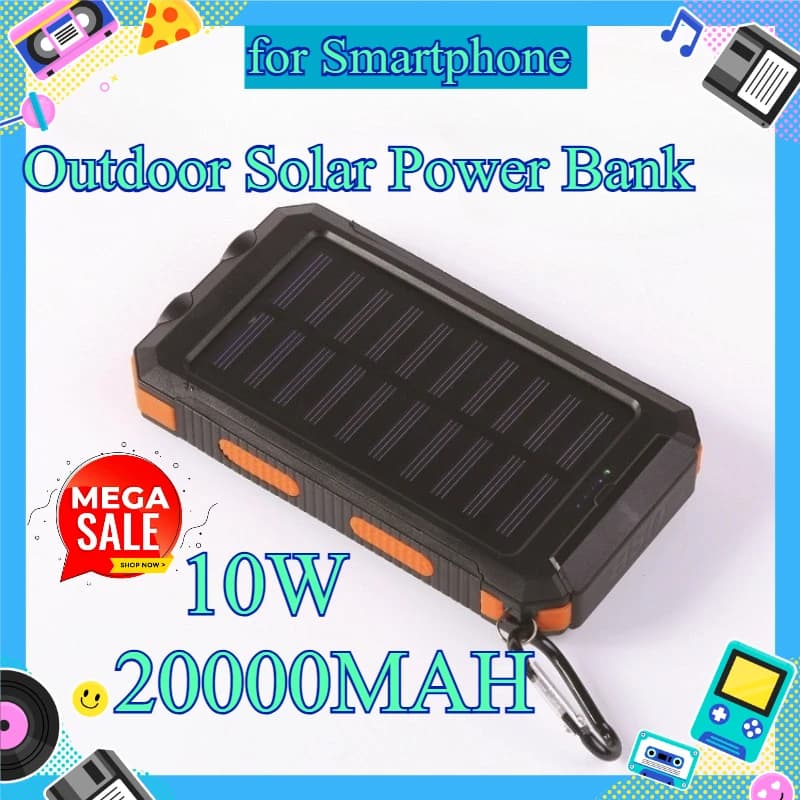 Outdoor Solar Power Bank 10W 20000mAh Large Capacity Strong Waterproof Compass Portable Mobile Power Supply for Smartphone