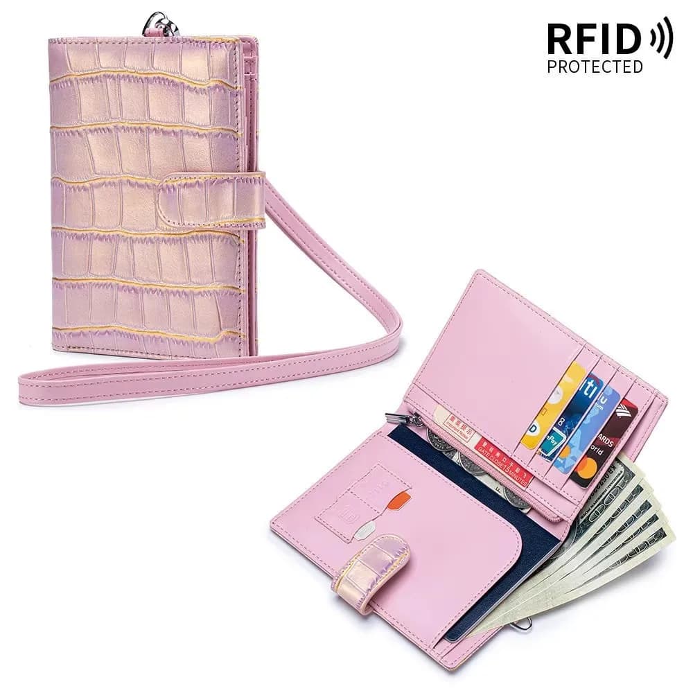 Fashion Woman Purse Genuine Leather Wallet Lady Purse Crocodile Pattern Neck-hanging Passport Holder Travel Ticket Holder
