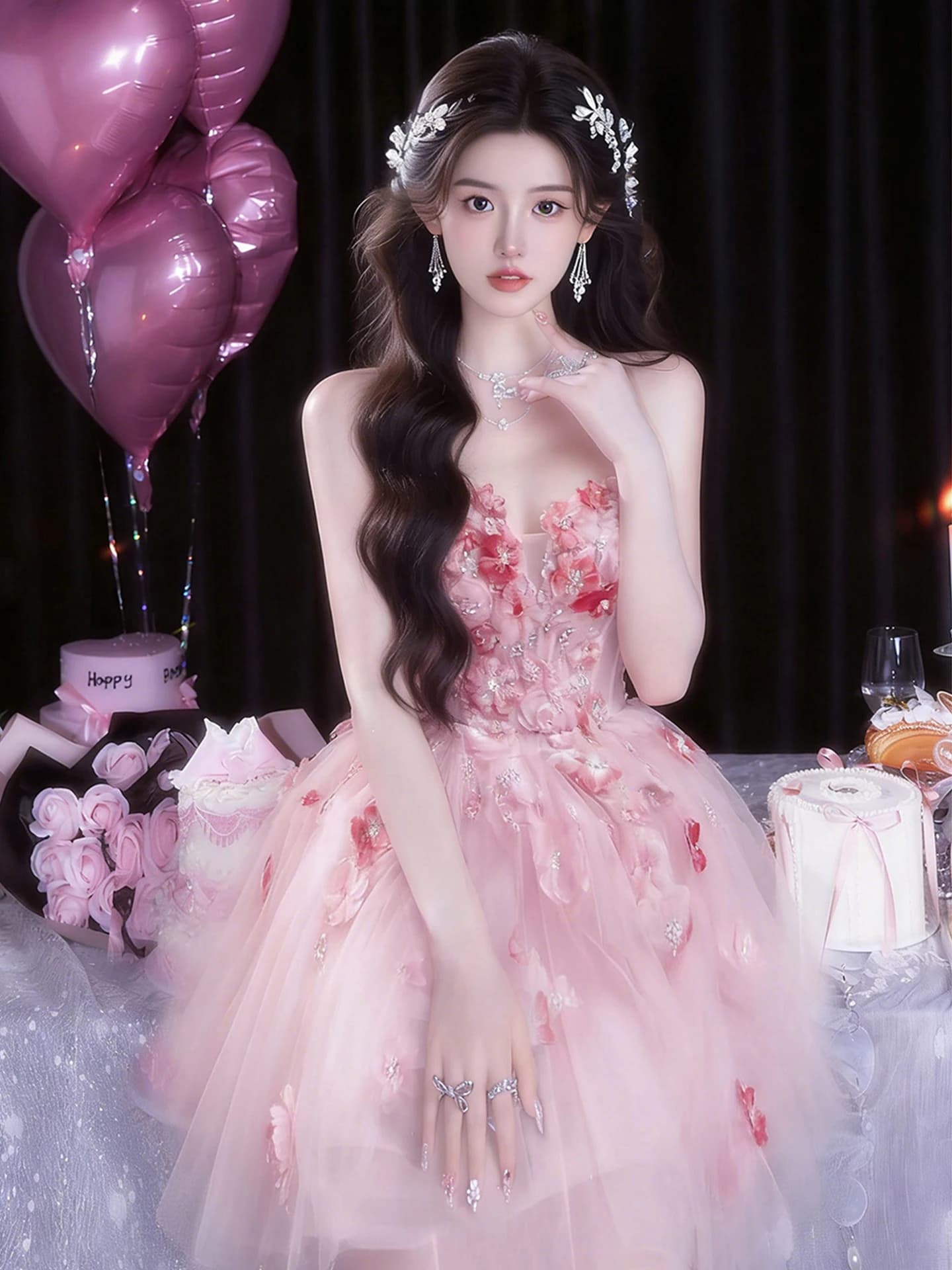 Pink Strapless Evening Gown Birthday Party Adult Ceremony Princess Dress Bride Engagement Toasting Clothes Small Size