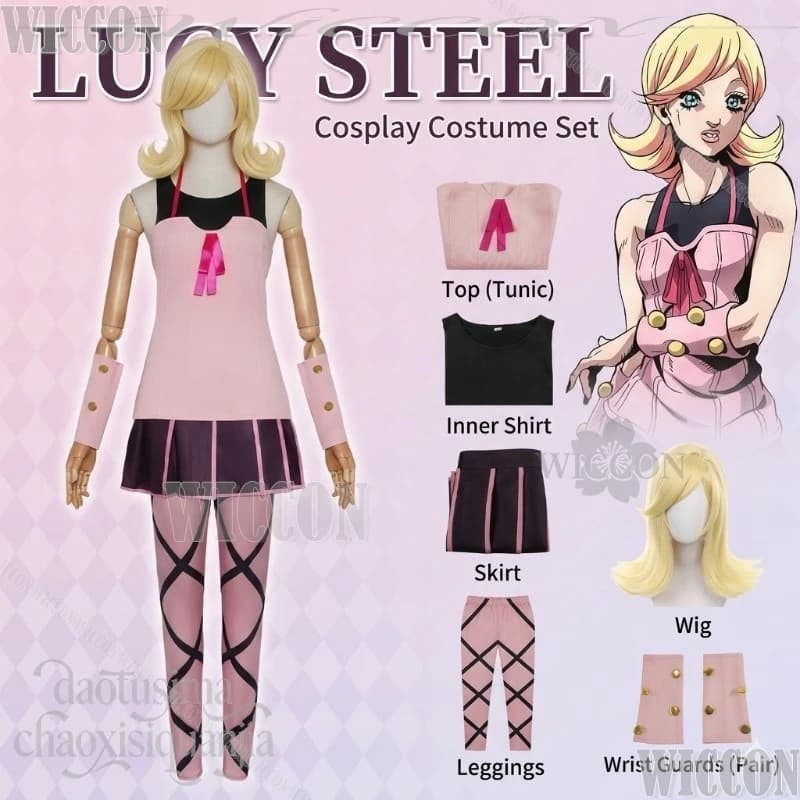 Anime Jooooo7 SBR Cosplay Lucy Steel Costume Kawaii Pink Hanging Stripe Dress Pants Light Gold Wigs Halloween Christmas Party
