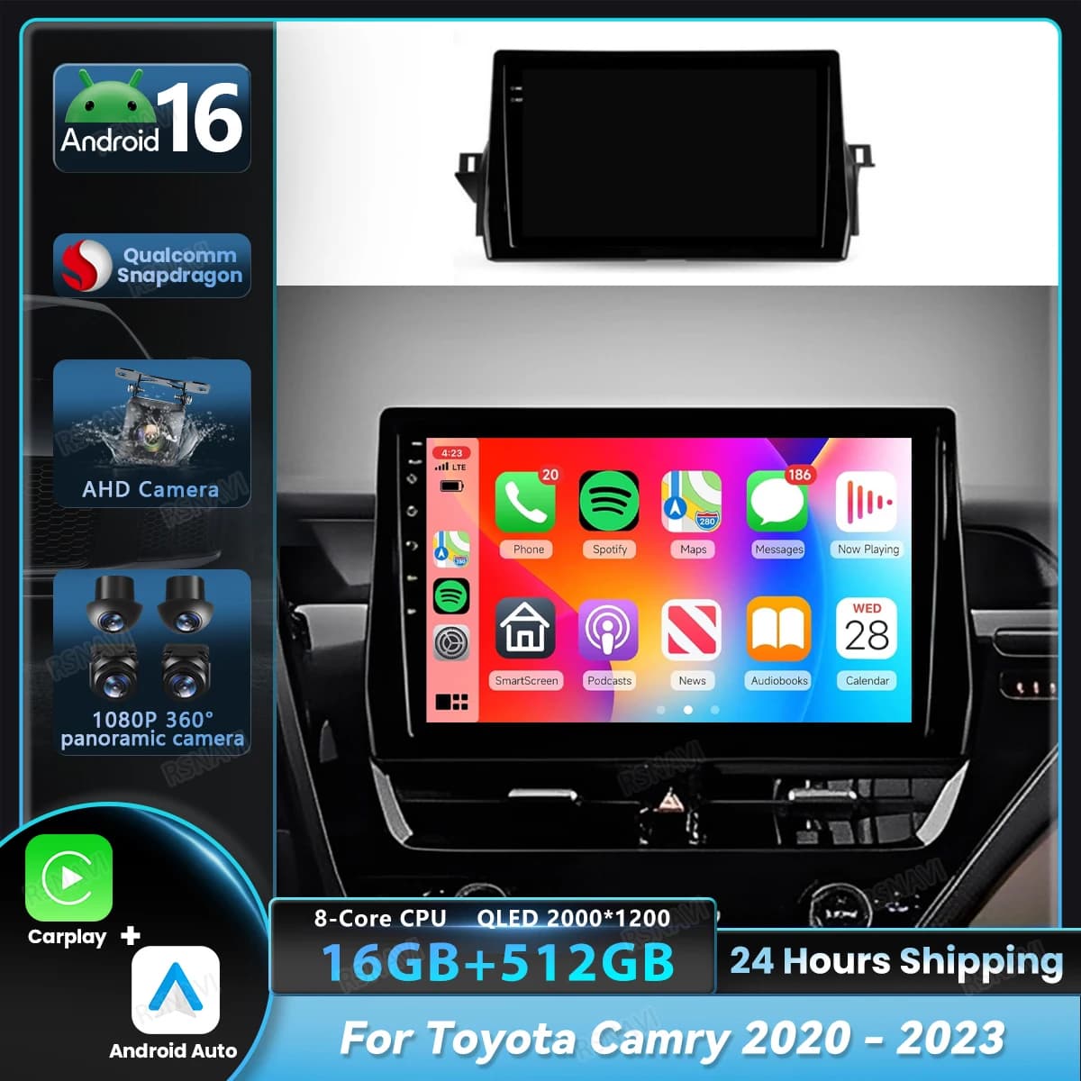 Android 16 Carplay Auto For Toyota Camry 8 XV70 2020 - 2023 Car Radio Video Stereo WIFI+4G 8-Core Player Multimedia Head Unit BT
