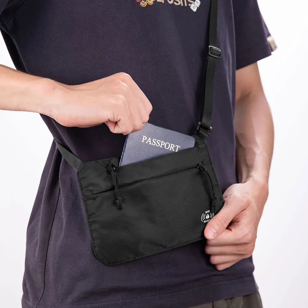 Portafoglio per passaporto con collo RFID sottopelo Custodia per passaporto multifunzionale con tracolla Marsupio per passaporto multitasche