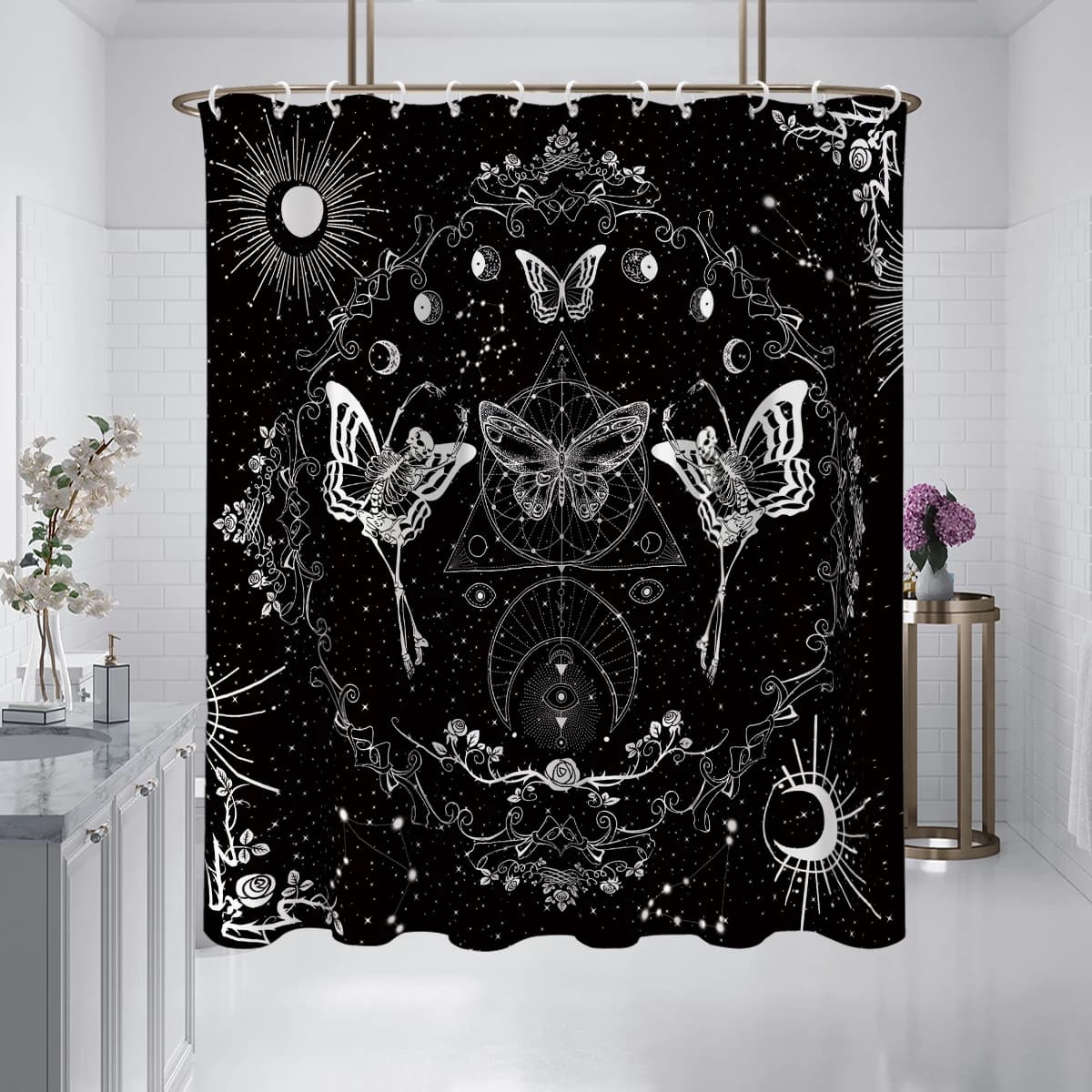 1PC teschio e farfalla, tenda da doccia in stile gotico, impermeabile, lavabile, con 12 ganci, doccia da bagno, vasca da bagno, uso domestico