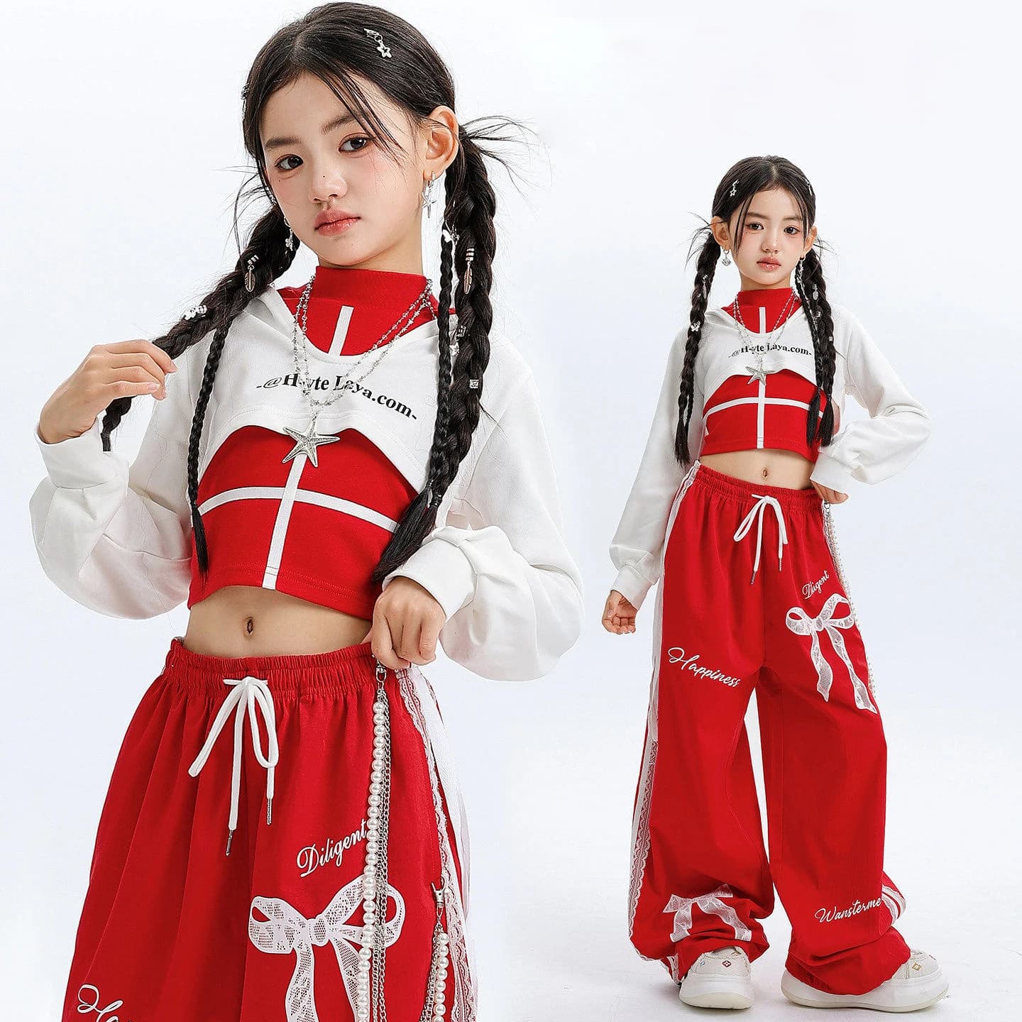 Abbigliamento Hip Hop Kpop per Bambini, Felpa Corta Bianca con Cappuccio, Pantaloni Rossi Casual con Strisce in Pizzo per Ragazze, Costumi per Danza di Strada
