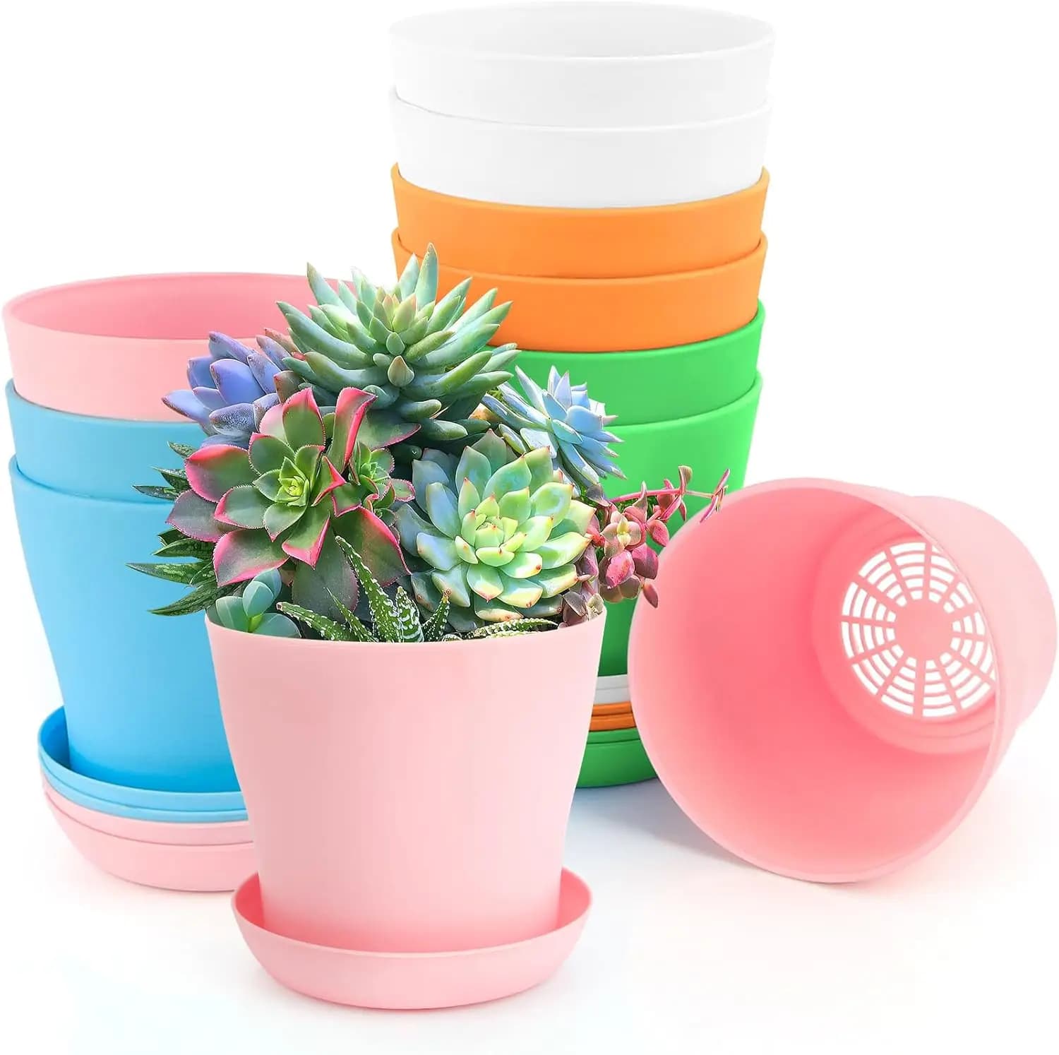 10-Pack 4-Inch Plastic Plant Pots with Drainage & Saucers, 5 Colors for Indoor Succulents, Herbs, Cacti