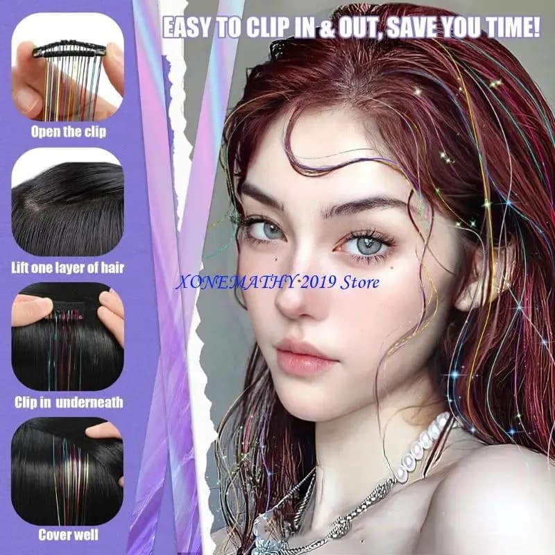 F42F 12 Piece Hair Tinsel Clip in Extensions 20 Inches Long Synthetic Secure Attachment for Halloween Parties Decoration
