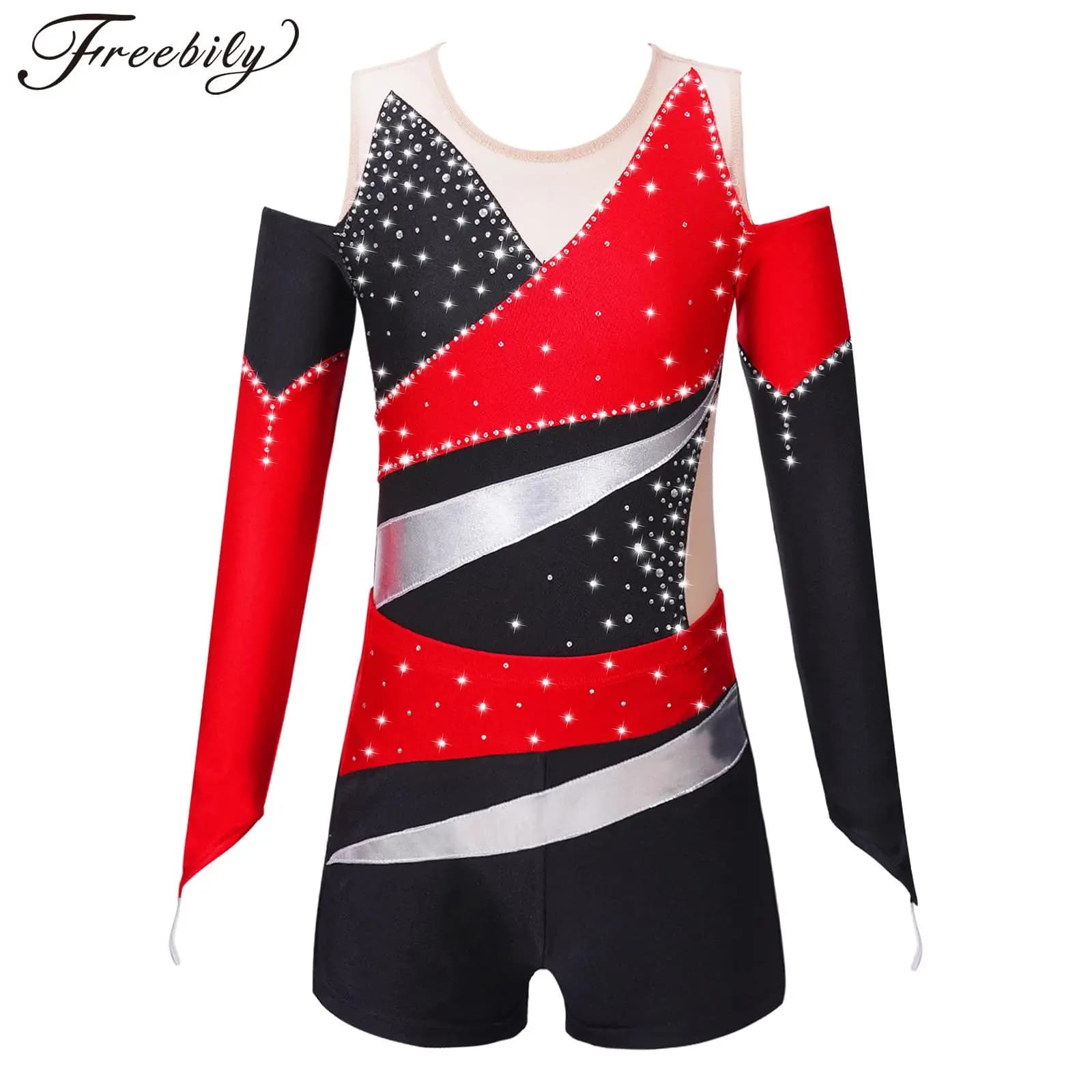 Vestiti di ballo di pattinaggio di figura delle ragazze dei bambini Leotards lucidi del Rhinestone della manica lunga con gli abiti di ginnastica ritmica di balletto dei pantaloncini