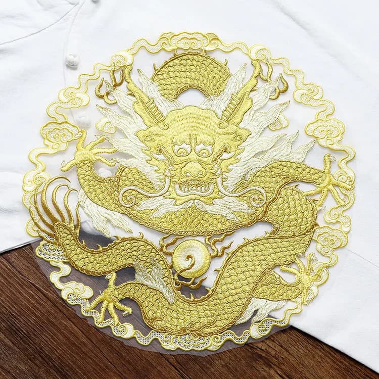 Golden thread dragon circular fabric patch for Hanfu and ethnic costumes, clothing accessories