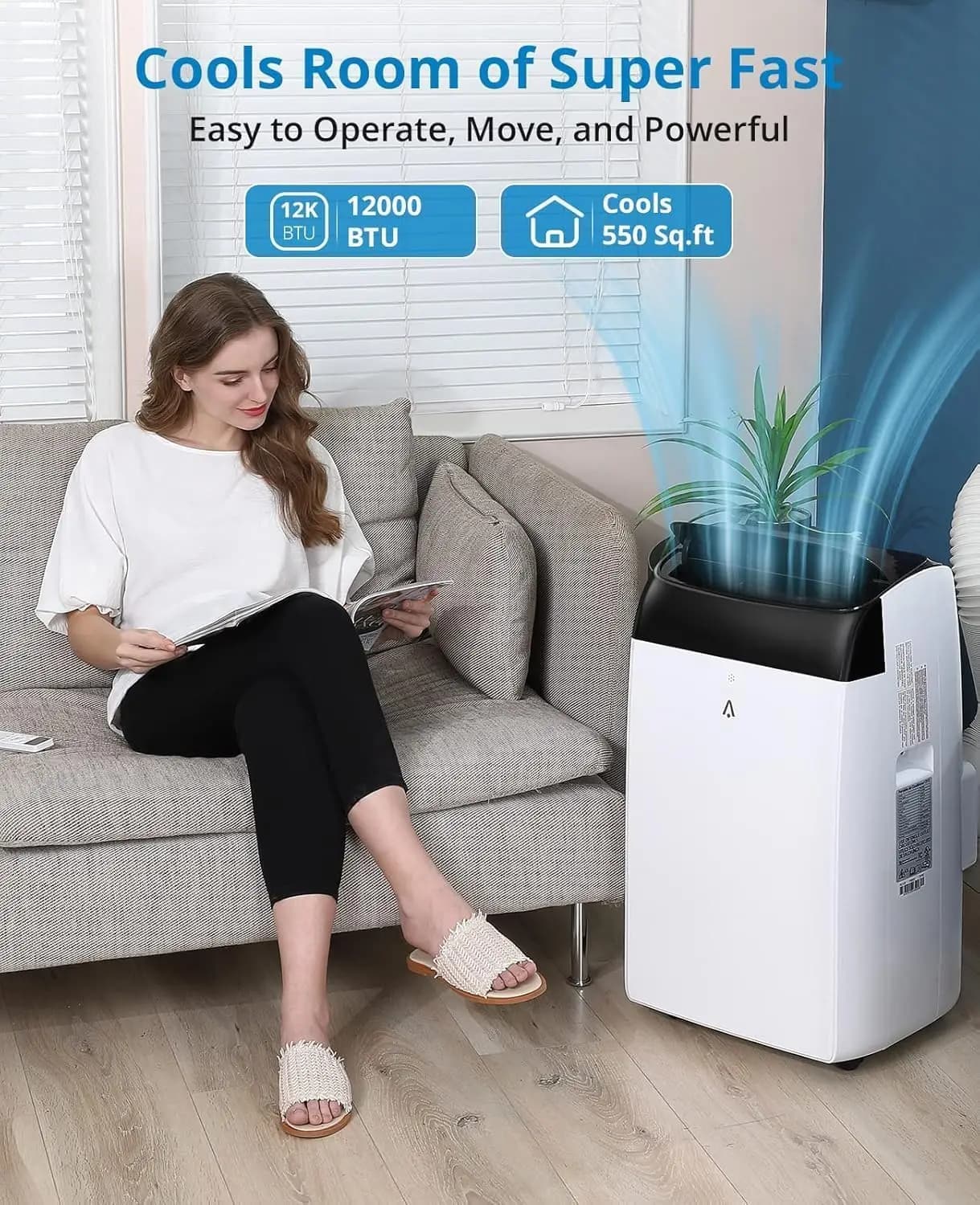 Ventilatore portatile con deumidificatore per grandi spazi, timer 24 ore, silenzioso, telecomando, kit per finestra