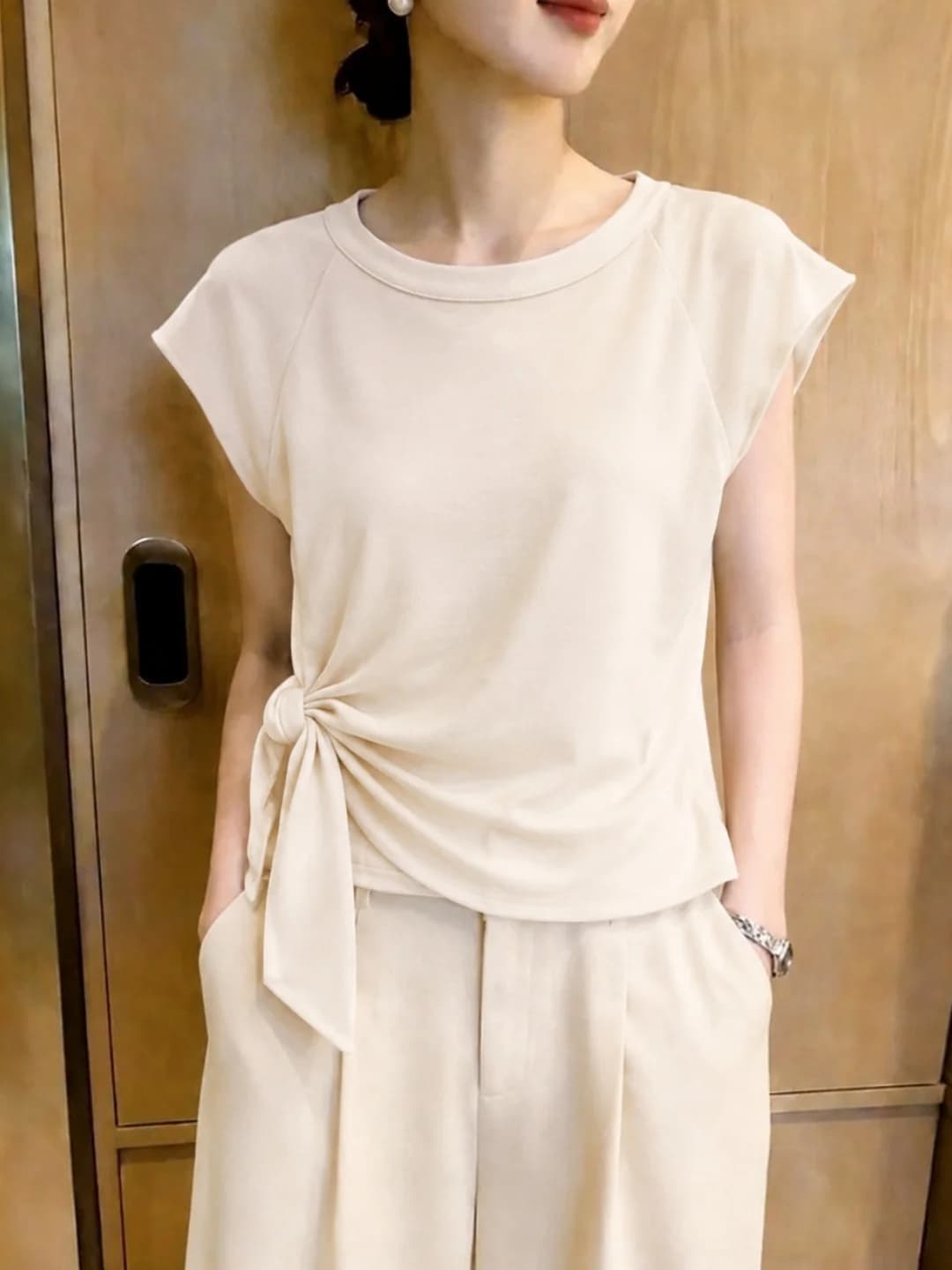 Summer Pure Color Versatile Belted Waist Design Women's T-shirt Korean Style Commute Fashion Short Sleeve round Neck Top