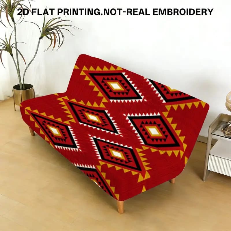 They covered with geometric pattern in the shape of black and white diamond with folding bed cover with small yellow triangle pattern