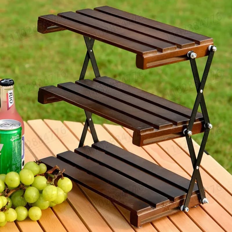 Outdoor camping stainless steel three folding shelf portable multifunctional desktop retractable wooden organizer