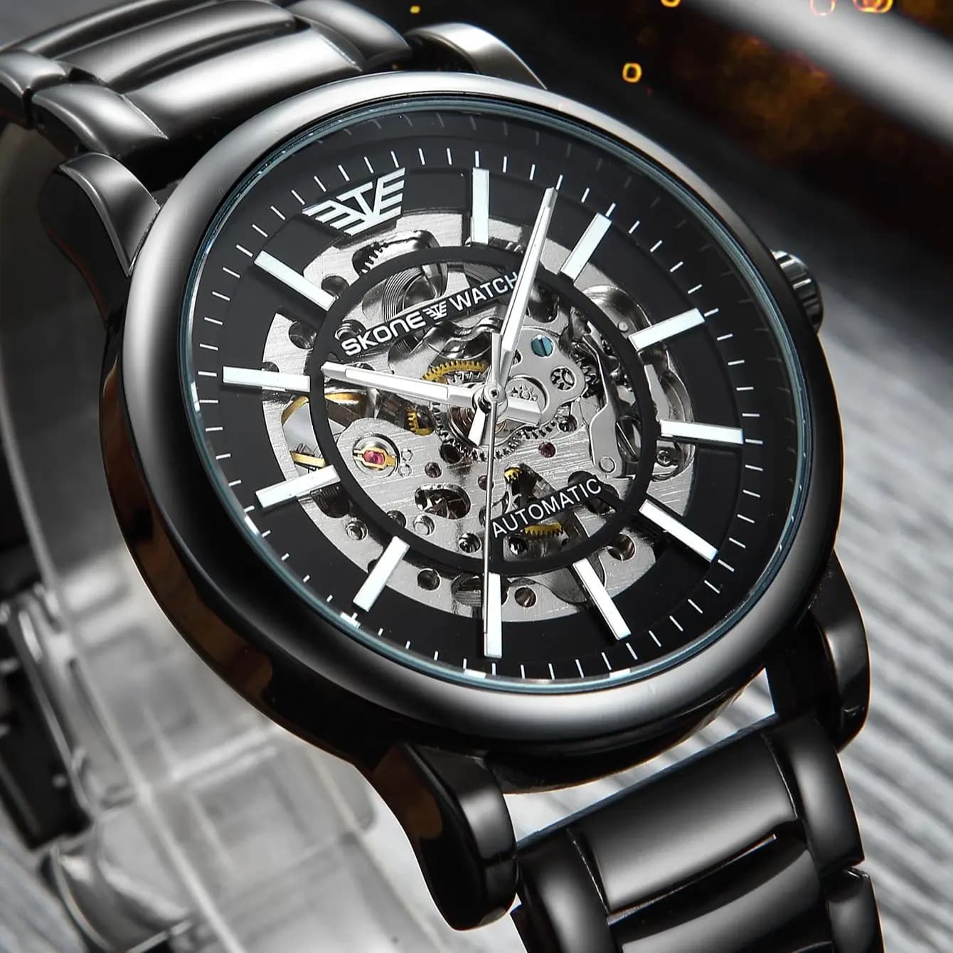 Orologio da uomo SKONE Orologio da polso meccanico scavato di lusso Orologio automatico da uomo alla moda luminoso impermeabile in acciaio inossidabile