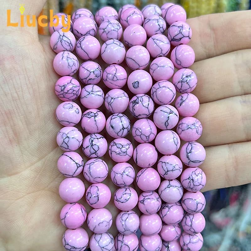 Perline con motivo ondulato rotondo in pietra turchesi rosa per set di gioielli Accessori fai da te Bracciali Orecchini 15 "Strand 4/6/8/10/12/14MM