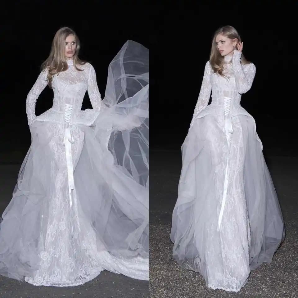 Glamorous Fashion Bridal Dresses Lace Mermaid Long Sleeve High Neck Detachable Ballgown Wedding Gown Formal Prom Dressed