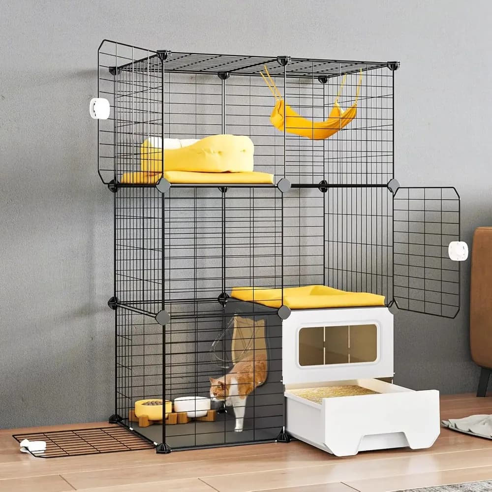 Gabbia per gatti da interno a 3 livelli con lettiera, box in metallo staccabile per gattini - Ampio spazio per esercizi