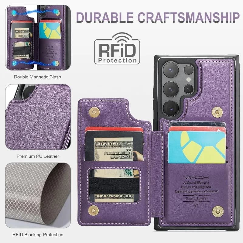 Custodia Premium in Vera Pelle con Blocco RFID, Slot per Carte e Funzione Kickstand per Samsung S26 Ultra S25/24/23 Plus - Porta Carte e Cover a Portafoglio