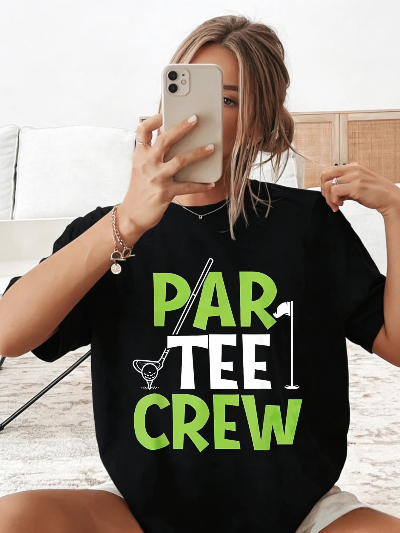 T-Shirt da Donna con Stampa a Tema Golf 'PAR TEE CREW', Girocollo in Cotone, Manica Corta, Casual Estiva
