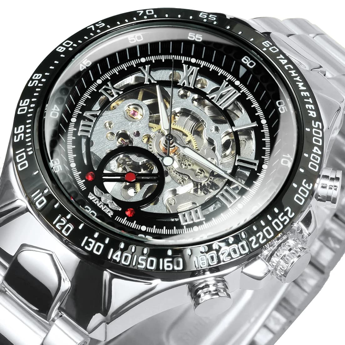Automatic WINNER Gold Transparency Card for Men, Luminous Hands, Luxury Brand, Stainless Steel Strap, Mechanical Watches