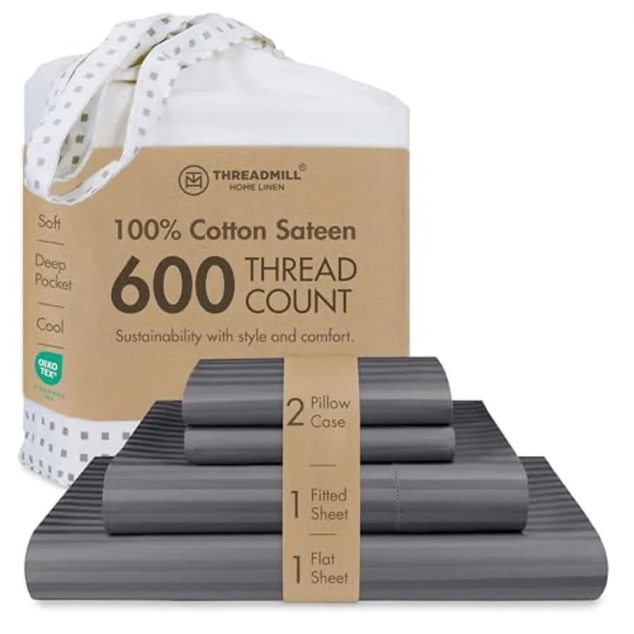 Set di Lenzuola 100% Cotone per Letto Matrimoniale - 600 Fili, Tasche Profonde 40 cm - Tessuto Satinato a Righe, Set Biancheria da Letto 4 Pezzi