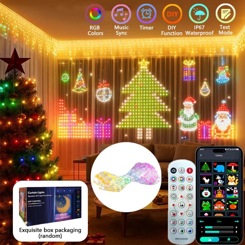 Luci per tende intelligenti a LED Luci a corda RGBIC Ricarica USB Controllo app Modello fai-da-te Sincronizzazione musicale per illuminazione per feste all'aperto in camera da letto