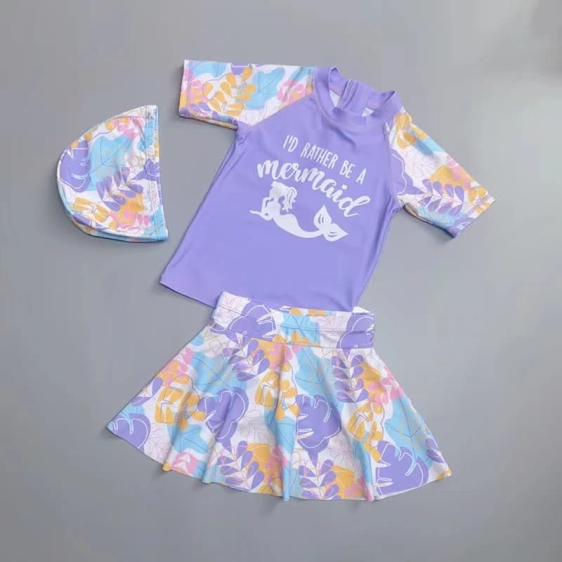 Two-piece swimsuit with skirt and three-piece set for girl, with single swim cap, suitable for medium size and...
