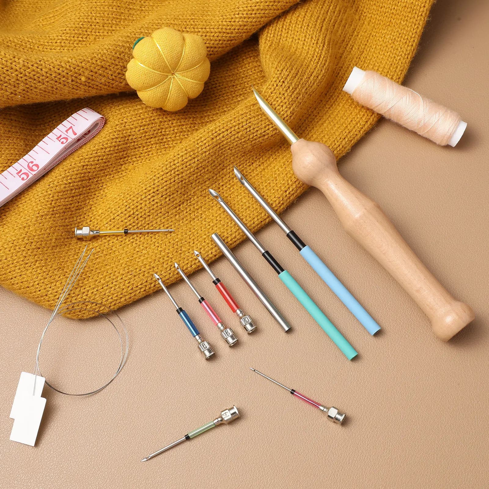 Set di aghi per punch needle, strumento per ricamo con manico in legno, aghi in metallo di precisione, kit fai da te per artigianato, set di aghi per punch needle per principianti