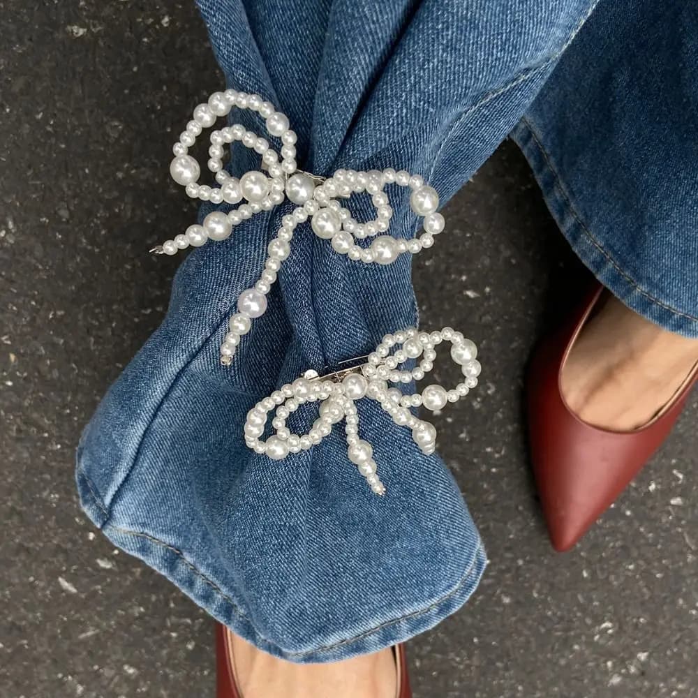 Vintage Heart Pearl Bow Brooch Detachable Tassel Fixed Clothes Pin Pearl Adjustable Jean Fit Tighten Buckle Trousers