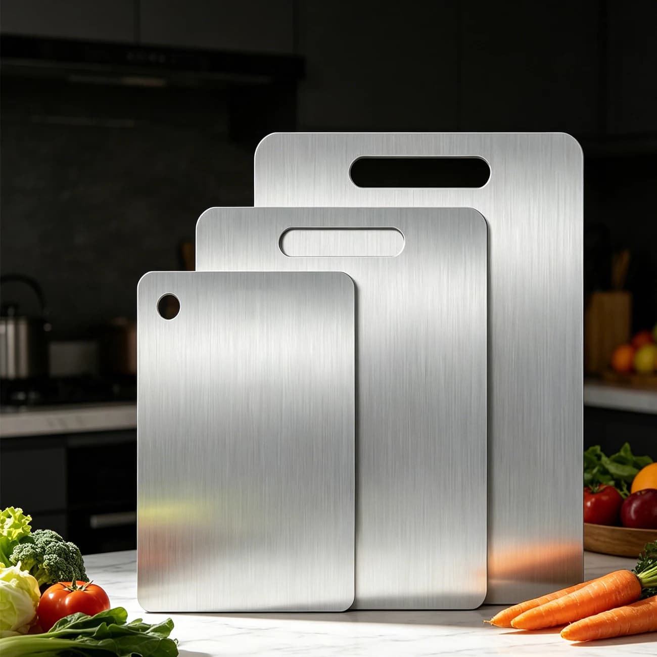 Set di Taglieri da Cucina in Acciaio Inossidabile, Tagliere Bifacciale per Carne, Verdure e Formaggi, Resistente e Durevole