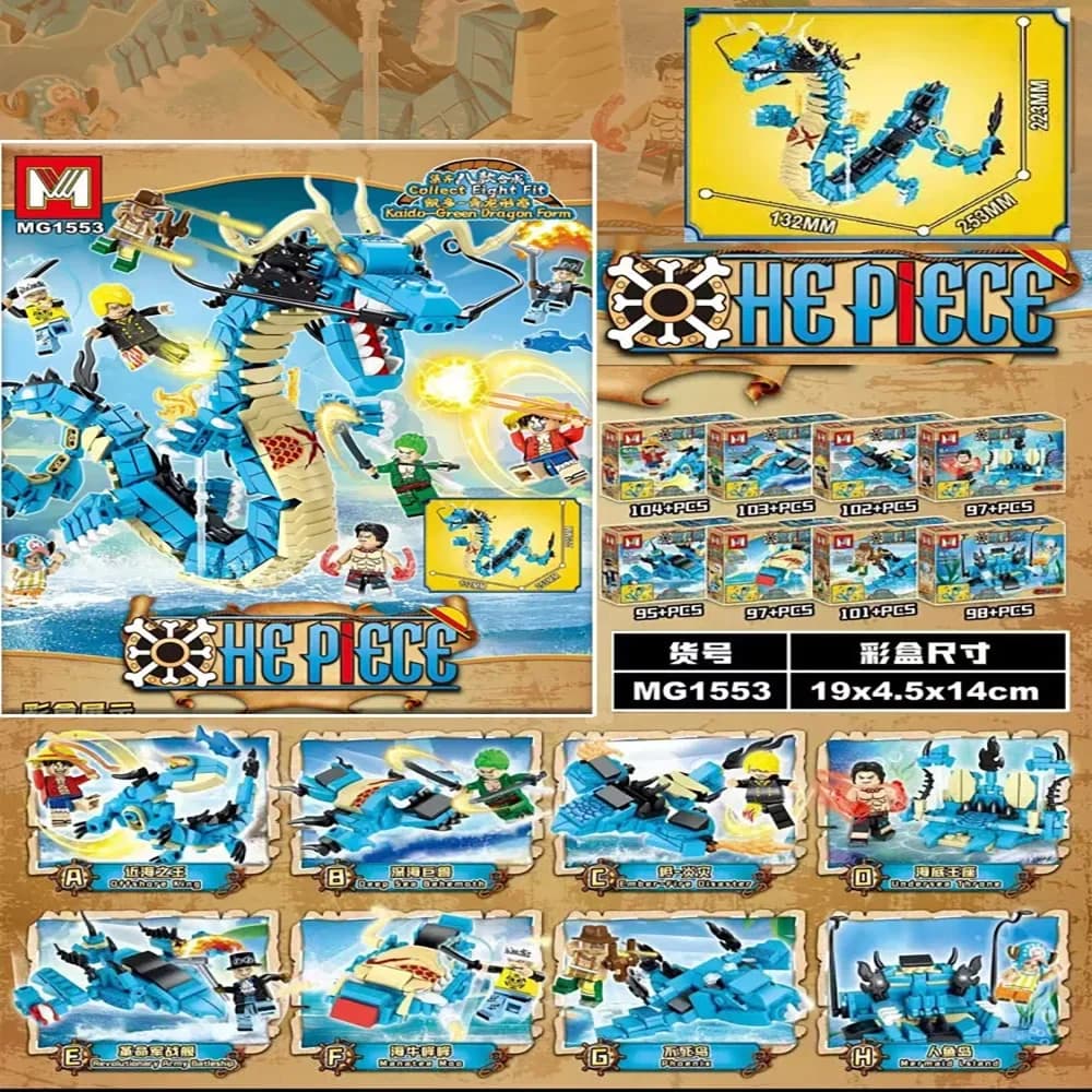 8in1 One Piece Building Blocks Blue Dragon Kaido DIY Assembly Kits Combine Toy Divine Dragon Model Ornament Collection Gift