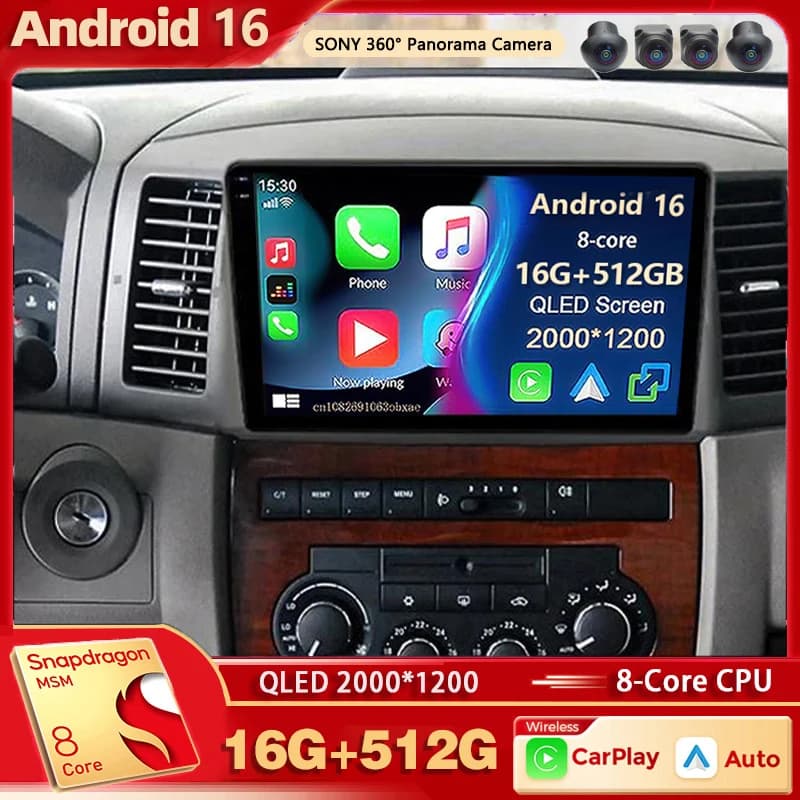 Android 16 For Jeep Grand cherokee 2005 2006 2007 Car Radio 4G GPS Multimedia Player 2 Din Carplay + Auto 8 Core Android Stereo