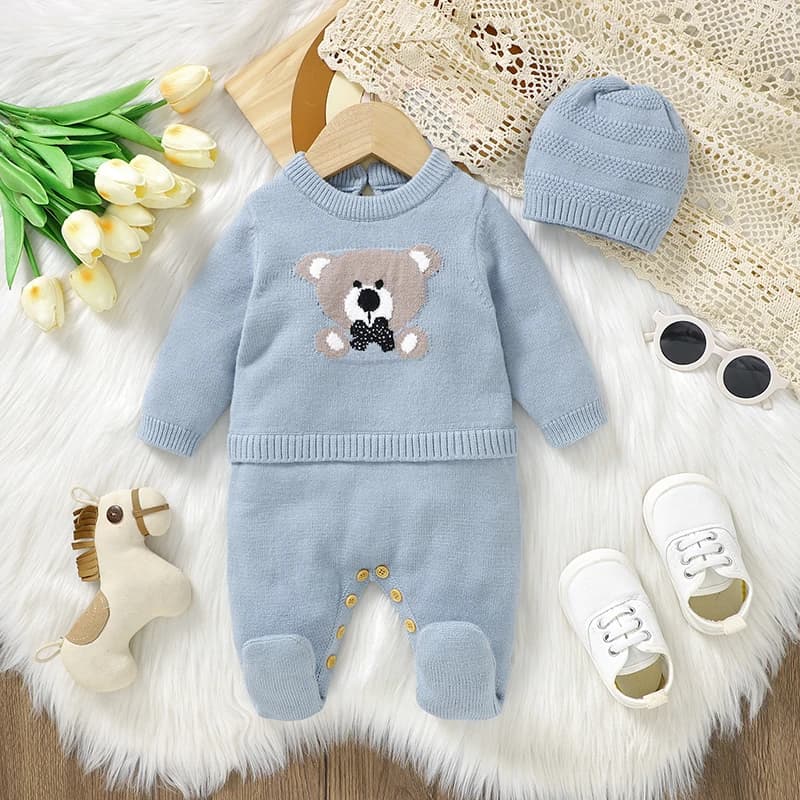 0-18m Pagliaccetti per bambini Cappelli Set Primavera Autunno Inverno Blu Manica lunga lavorata a maglia Neonato Ragazzi Outwear Tute Cappelli Costumi 2 pezzi Abiti