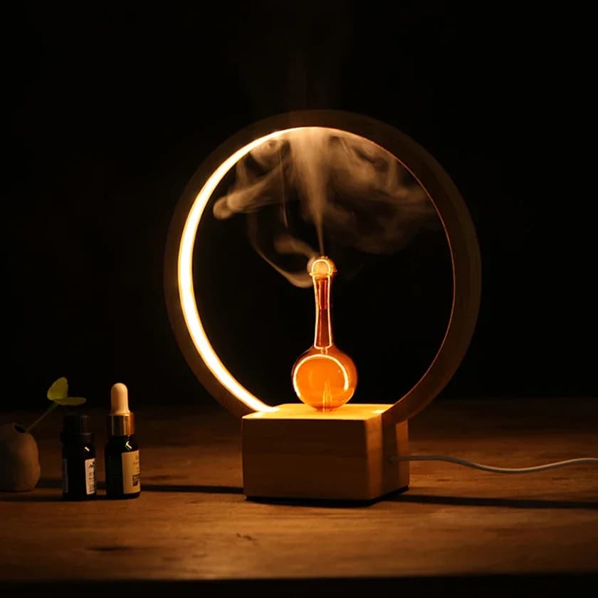 Diffusore di oli essenziali con base in legno e diffusore di aromi nebulizzante in vetro con luce LED calda per la fragranza della stanza dell'home office